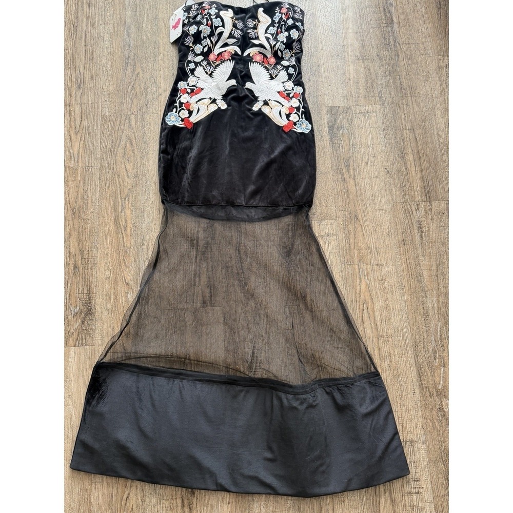 Black Crane Velvet Embroidered Strapless Dress Size S Formal Gothic Romantic - Picture 3 of 10